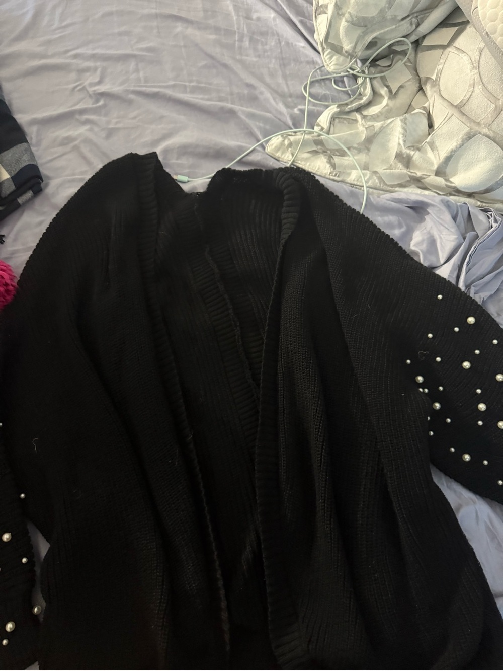 SHEIN Black Open-Front Cardigan with Pearl Accent